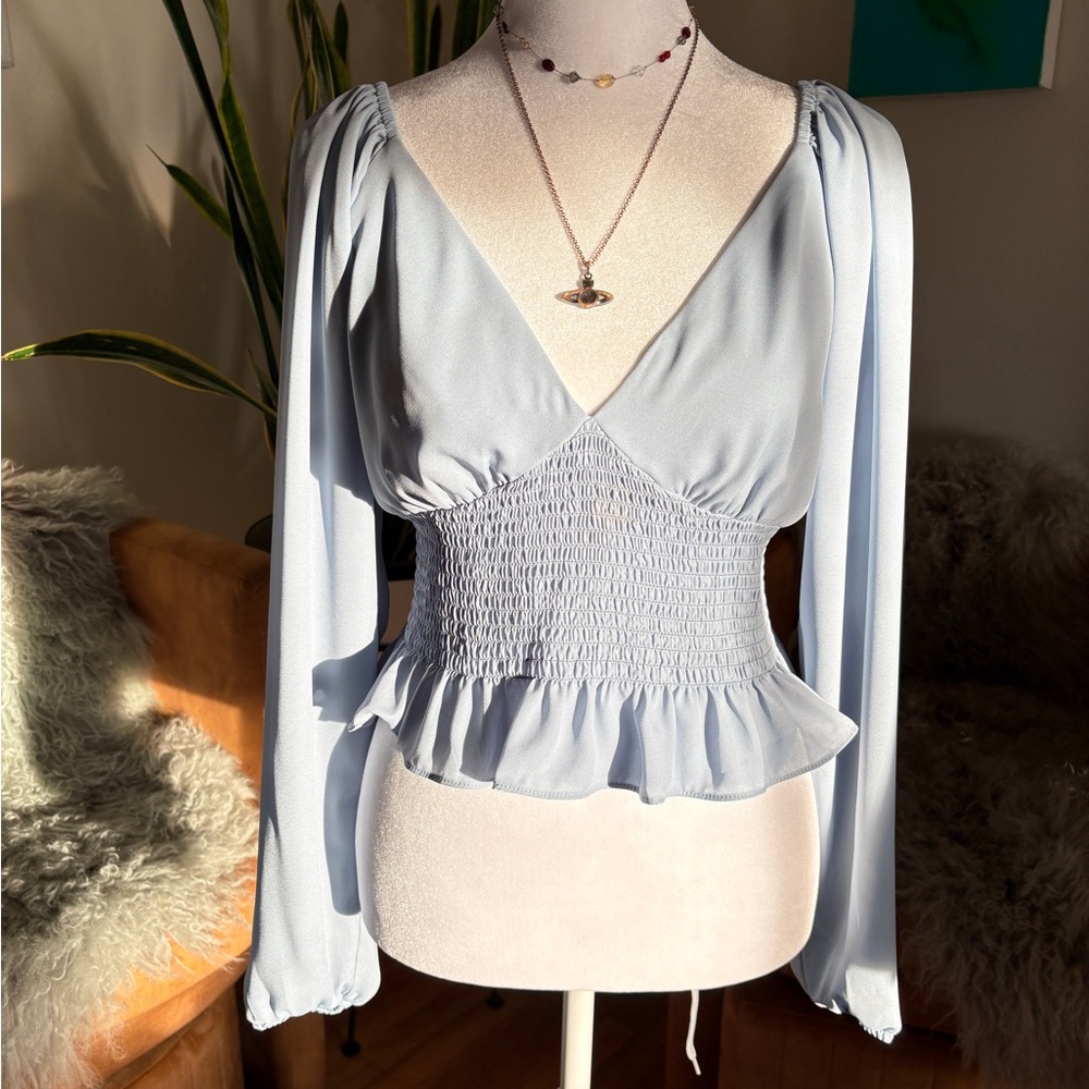 Wayf Light Blue Smocked Blouse